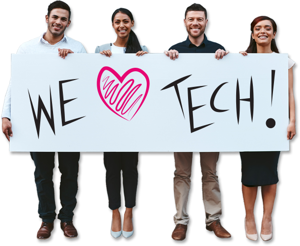 Young people with 'We love tech' signboard