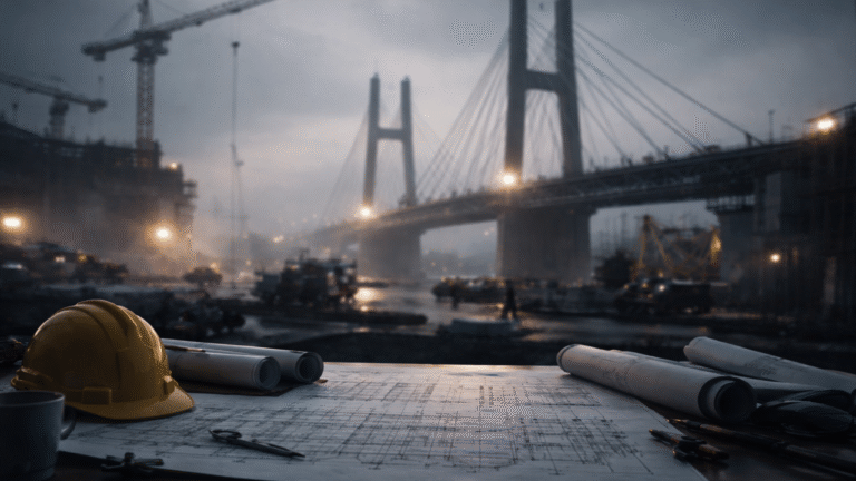 Blueprints and a hard hat in the foreground with a major infrastructure project underway, illustrating disciplined strategy execution.